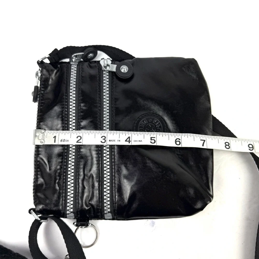 Kipling Alvar Crossbody Bag Small Shiny Black Triple Zip Monkey Charm NEW